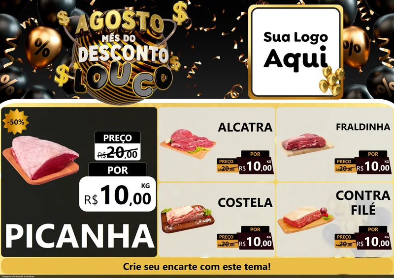 Modelo de Encarte para Encarte A4 Horizontal com o tema Agosto Mês do Desconto Louco para Açougue