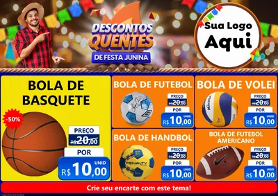 Modelo de Encarte para Encarte A4 Horizontal com o tema Descontos Quentes de Festa Junina para Artigos Esportivos