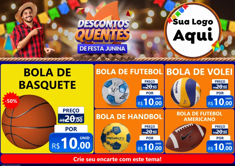 Modelo de Encarte para Encarte A4 Horizontal com o tema Descontos Quentes de Festa Junina para Artigos Esportivos