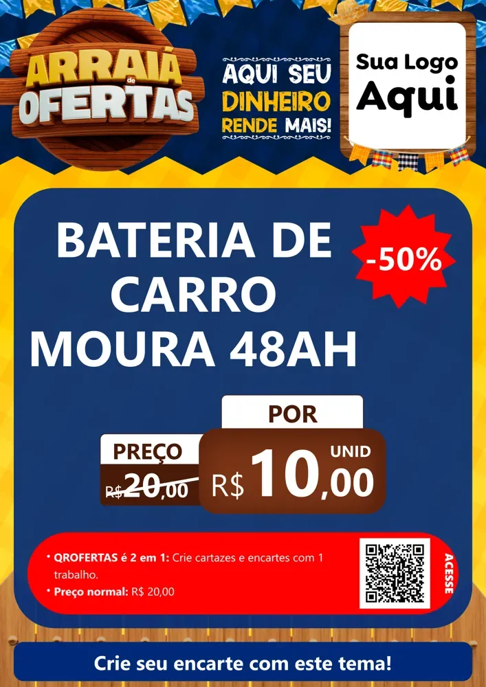 Modelo de Cartaz para Cartaz A4 Vertical com o tema Arraiá de Ofertas - Junina para Baterias Elétricas