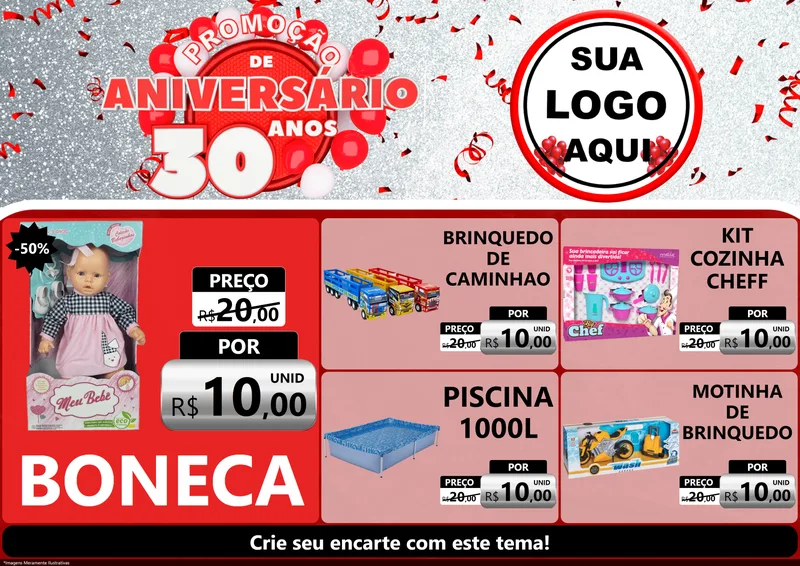 Modelo de Encarte para Encarte A4 Horizontal com o tema Promoção de Aniversário - 30 Anos para Brinquedos