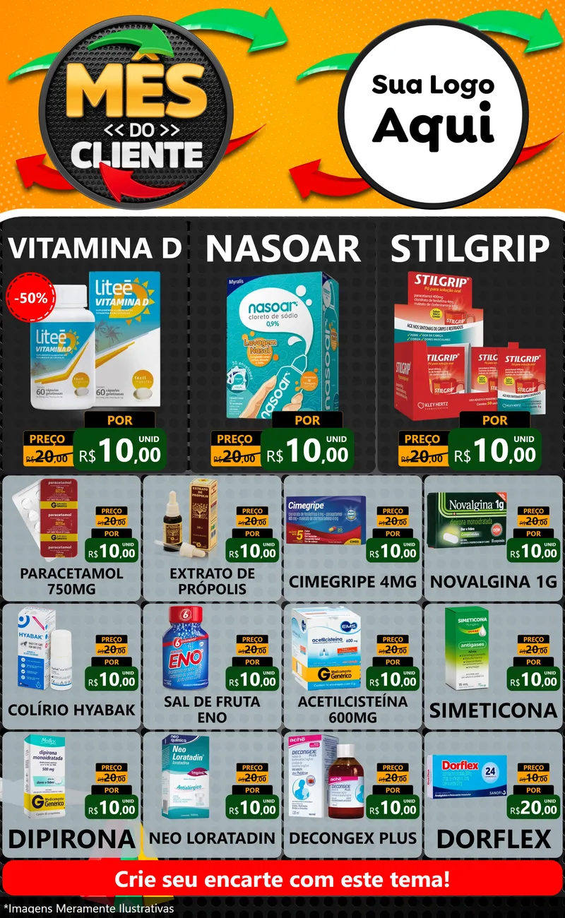 Modelo de Encarte para Encarte Grande com o tema Mês do Cliente para Farmácia