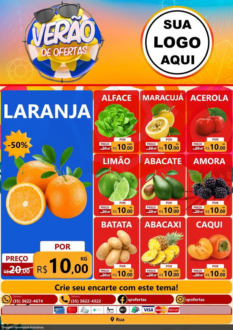 Modelo de Encarte para Encarte A4 Vertical com o tema Verão de Ofertas para Hortifrúti