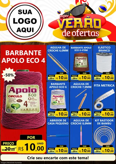 Modelo de Encarte para Encarte A4 Vertical com o tema Super Verão de Ofertas para Armarinho e Aviamentos