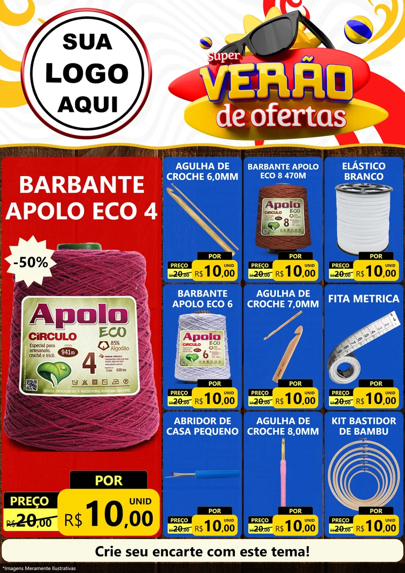 Modelo de Encarte para Encarte A4 Vertical com o tema Super Verão de Ofertas para Armarinho e Aviamentos