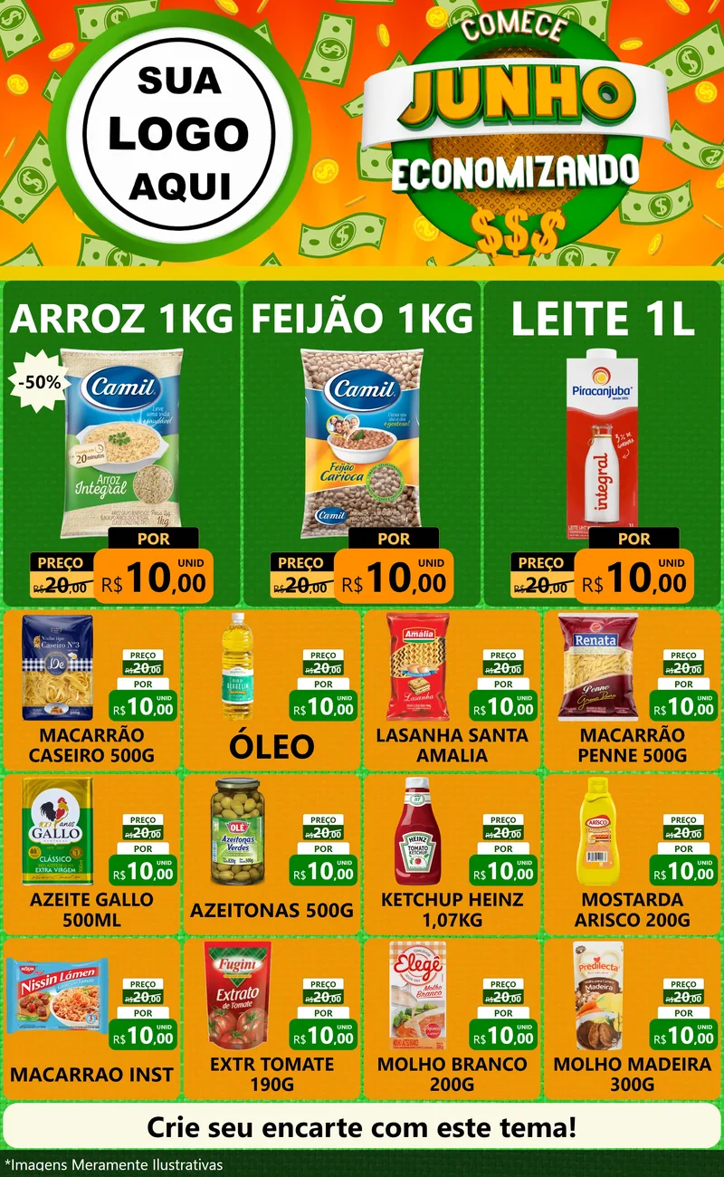 Modelo de Encarte para Encarte Grande com o tema Comece Junho Economizando para Supermercado