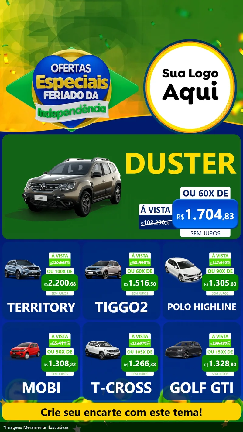 Modelo de Rede Social para Stories com o tema Ofertas Especiais Feriado da Independência para Concessionaria de Carros