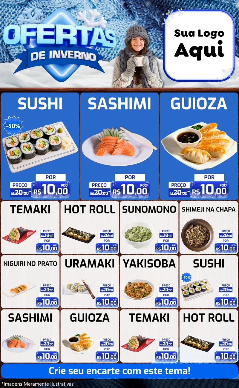 Modelo de Encarte para Encarte Grande com o tema Ofertas de Inverno para Comida japonesa