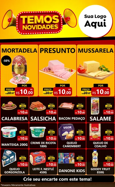 Modelo de Encarte para Encarte Grande com o tema Temos Novidades para Frios e Laticínios