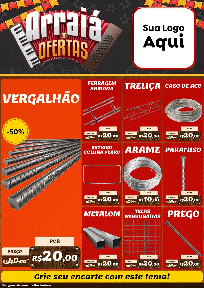 Modelo de Encarte para Encarte A4 Vertical com o tema Arraiá de Ofertas - Junina para Ferragens