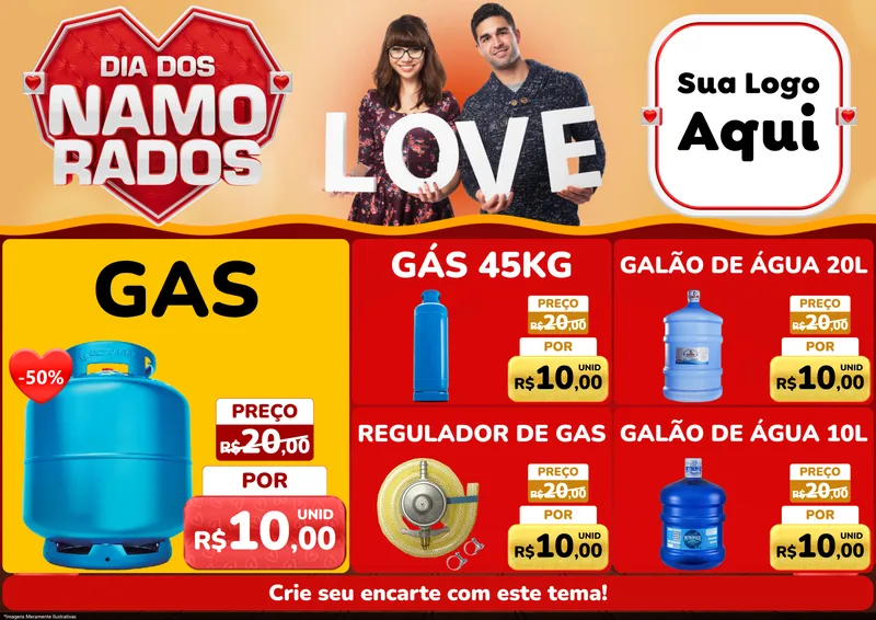 Modelo de Encarte para Encarte A4 Horizontal com o tema Dia dos Namorados para Água e gás