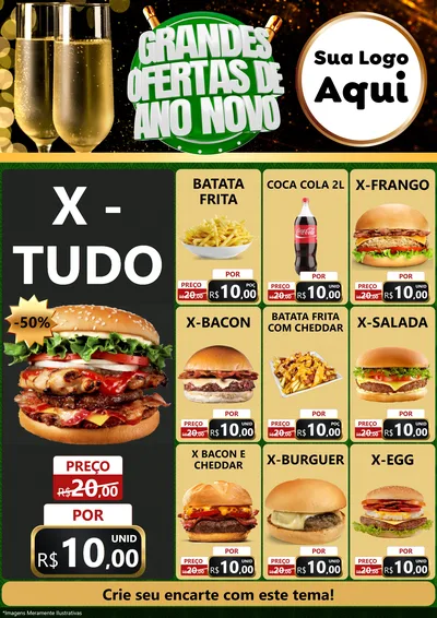 Modelo de Encarte para Encarte A4 Vertical com o tema Grandes Ofertas de Ano Novo para Hamburgueria