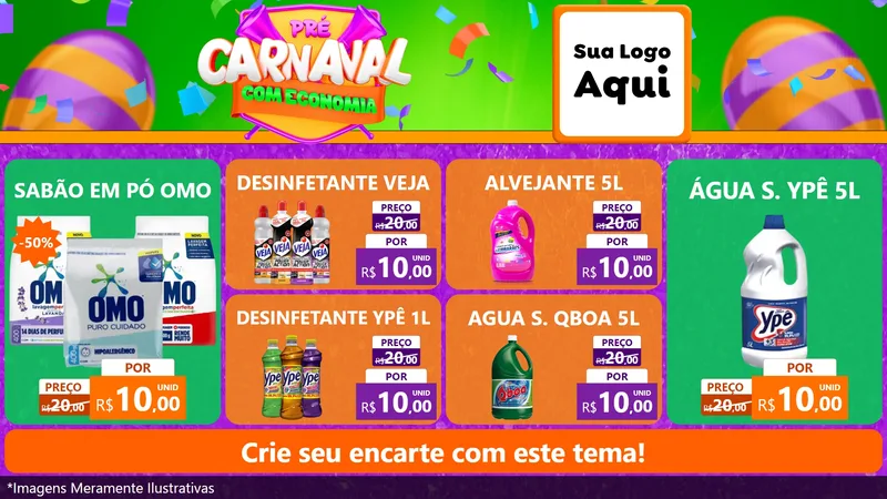 Modelo de TV para TV Horizontal com o tema Pré-Carnaval Com Economia para Produtos de Limpeza