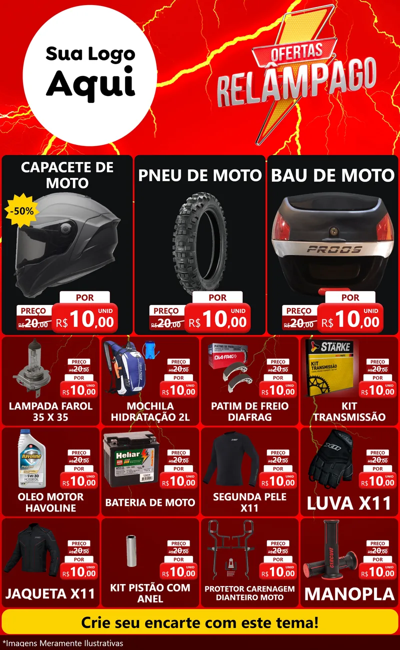 Modelo de Encarte para Encarte Grande com o tema Ofertas Relâmpago para Moto peças