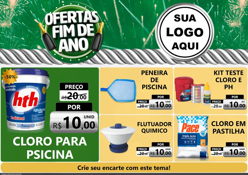 Modelo de Encarte para Encarte A4 Horizontal com o tema Ofertas Fim de Ano para Produtos para Piscina