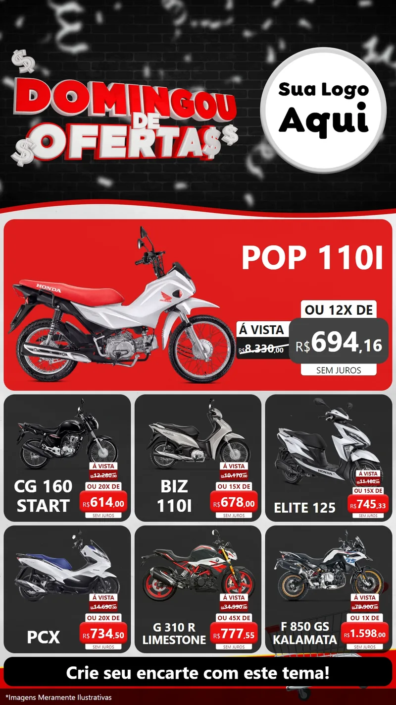 Modelo de Rede Social para Stories com o tema Domingou de Ofertas para Concessionaria de Motos