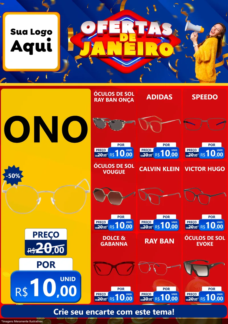 Modelo de Encarte para Encarte A4 Vertical com o tema Ofertas de Janeiro para Óticas