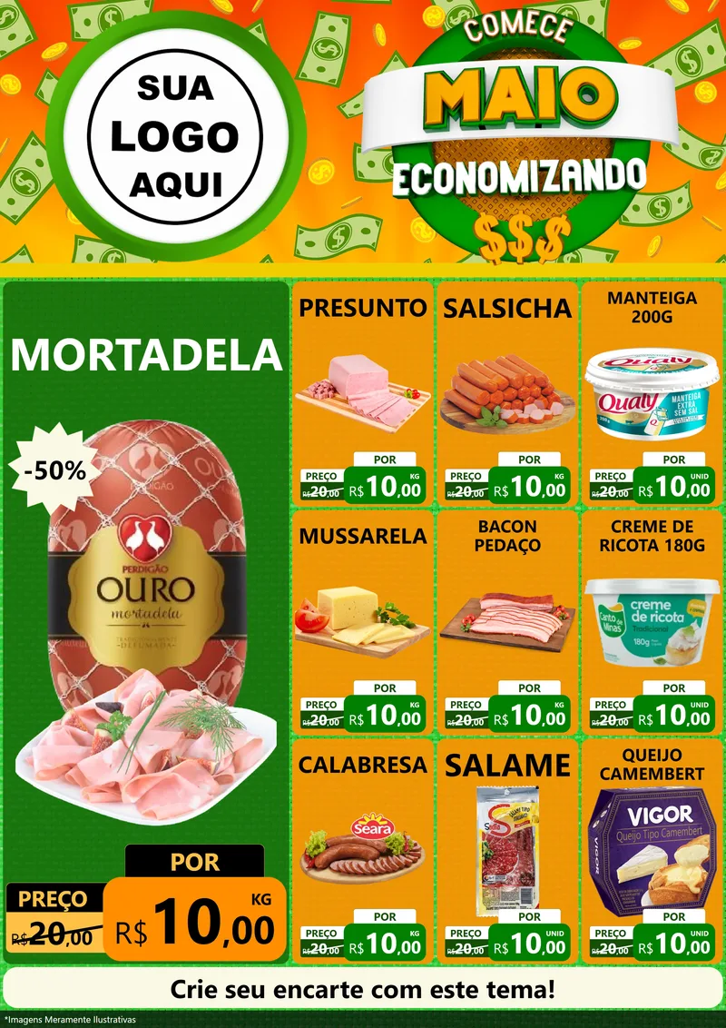 Modelo de Encarte para Encarte A4 Vertical com o tema Comece Maio Economizando para Frios e Laticínios