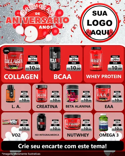 Modelo de Rede Social para Feed Instagram com o tema Promoção de Aniversário - 9 Anos para Suplementos alimentares