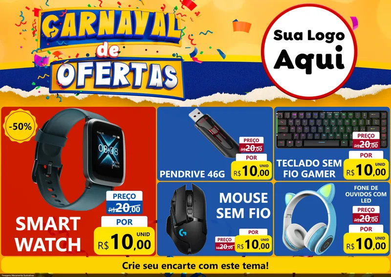 Modelo de Encarte para Encarte A4 Horizontal com o tema Carnaval de Ofertas para Informática