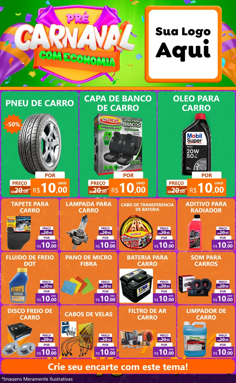 Modelo de Encarte para Encarte Grande com o tema Pré-Carnaval Com Economia para Auto peças