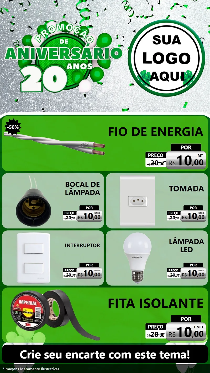 Modelo de TV para TV Vertical com o tema Promoção de Aniversário - 20 Anos para Materiais Elétricos