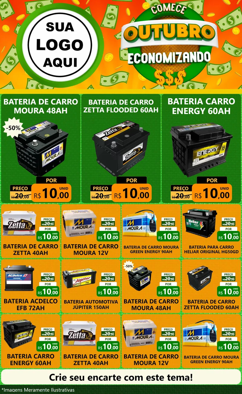 Modelo de Encarte para Encarte Grande com o tema Comece Outubro Economizando para Baterias Elétricas