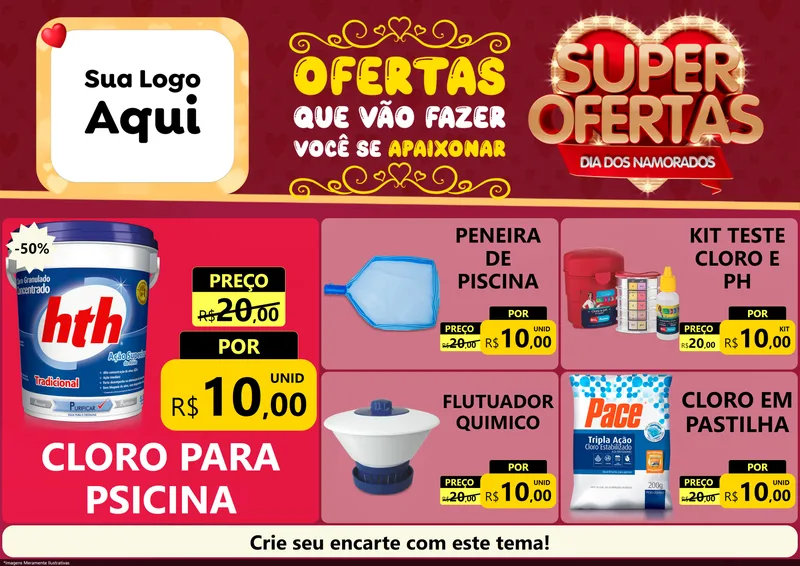 Modelo de Encarte para Encarte A4 Horizontal com o tema Dia dos Namorados para Produtos para Piscina