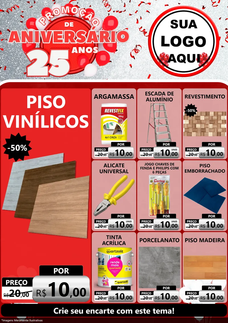 Modelo de Encarte para Encarte A4 Vertical com o tema Promoção de Aniversário - 25Anos para Material para Construção