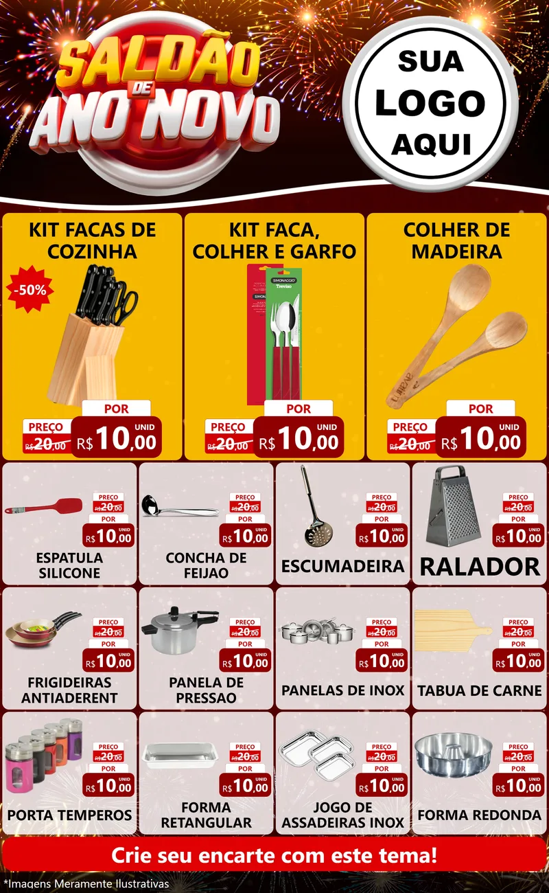 Modelo de Encarte para Encarte Grande com o tema Saldão de Ano Novo para Utilidades Domésticas