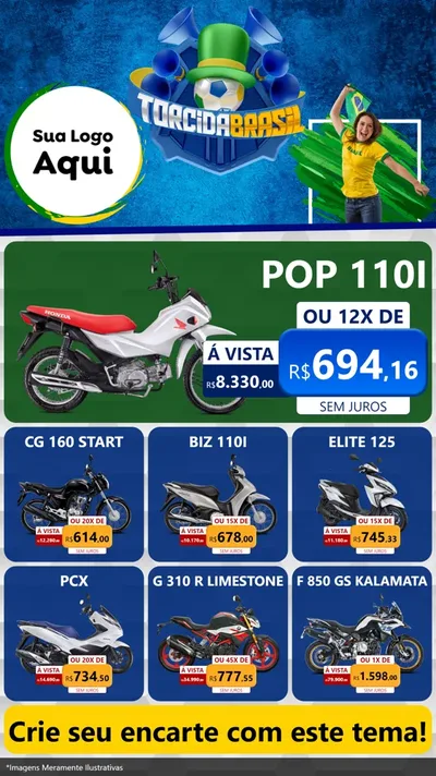 Modelo de Rede Social para Stories com o tema Torcida Brasil - Copa para Concessionaria de Motos