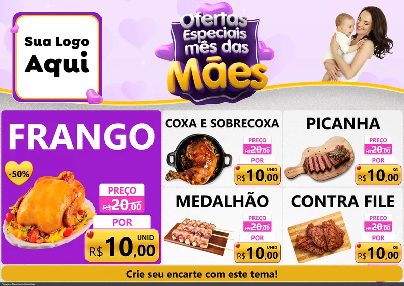 Modelo de Encarte para Encarte A4 Horizontal com o tema Ofertas Especiais - Mês das Mães para Assados
