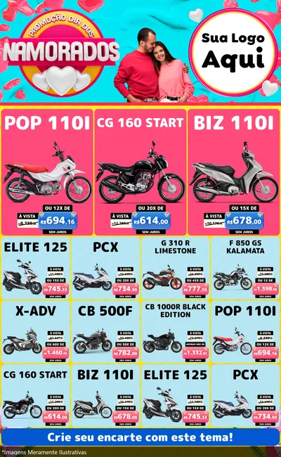 Modelo de Encarte para Encarte Grande com o tema Promoção Dia dos Namorados para Concessionaria de Motos