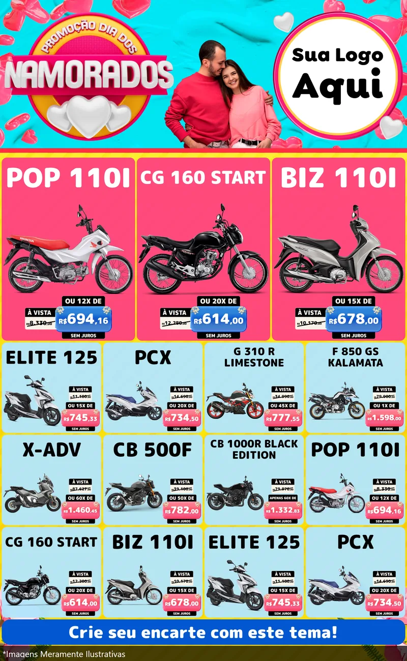 Modelo de Encarte para Encarte Grande com o tema Promoção Dia dos Namorados para Concessionaria de Motos