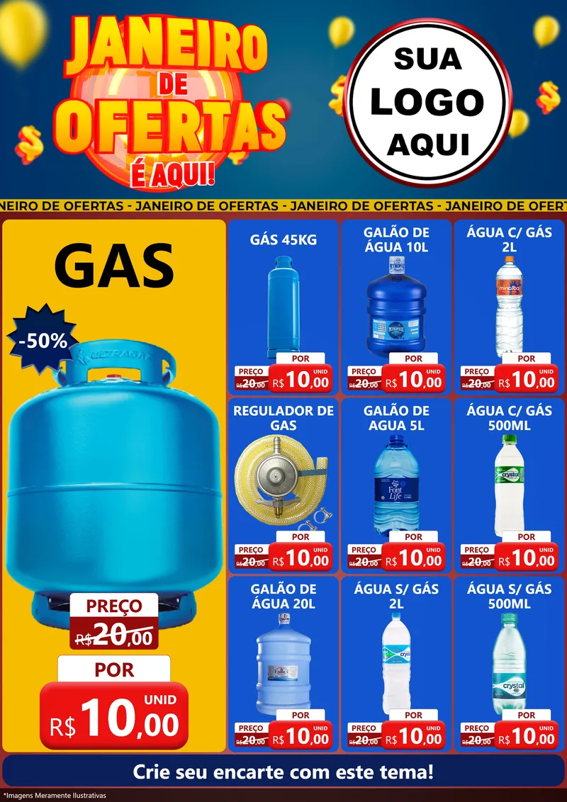 Modelo de Encarte para Encarte A4 Vertical com o tema Janeiro de Ofertas É Aqui! para Água e gás