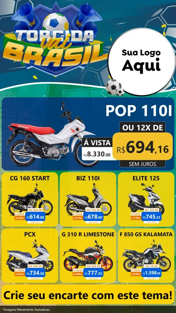 Modelo de Rede Social para Stories com o tema Torcida Vai Brasil - Copa para Concessionaria de Motos