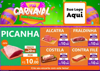 Modelo de Encarte para Encarte A4 Horizontal com o tema Pré-Carnaval Com Economia para Açougue