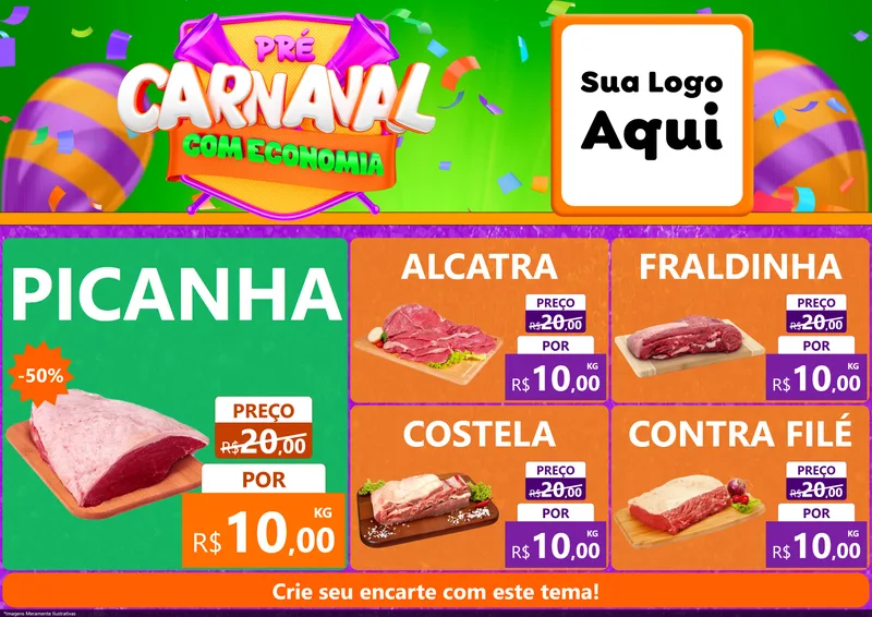 Modelo de Encarte para Encarte A4 Horizontal com o tema Pré-Carnaval Com Economia para Açougue
