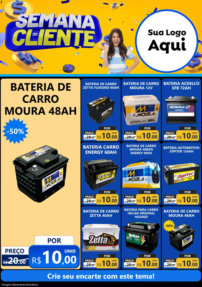 Modelo de Encarte para Encarte A4 Vertical com o tema Semana do Cliente para Baterias Elétricas