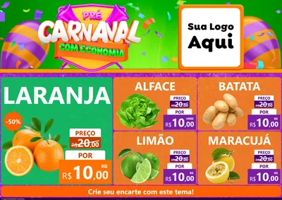 Modelo de Encarte para Encarte A4 Horizontal com o tema Pré-Carnaval Com Economia para Hortifrúti