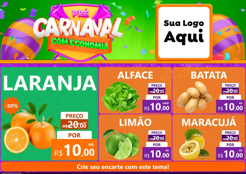 Modelo de Encarte para Encarte A4 Horizontal com o tema Pré-Carnaval Com Economia para Hortifrúti
