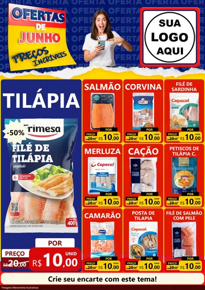 Modelo de Encarte para Encarte A4 Vertical com o tema Ofertas de Junho - Preços Incríveis para Peixaria