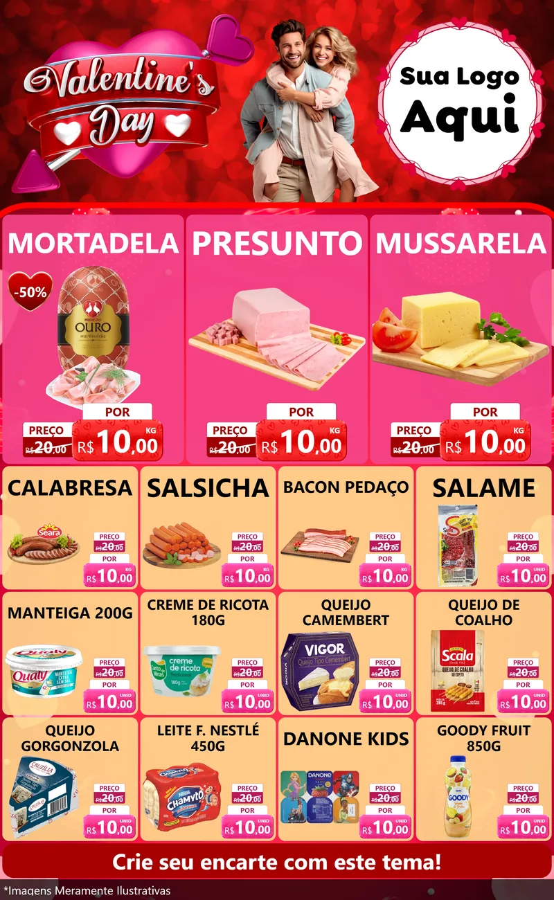 Modelo de Encarte para Encarte Grande com o tema Valentine's Day para Frios e Laticínios