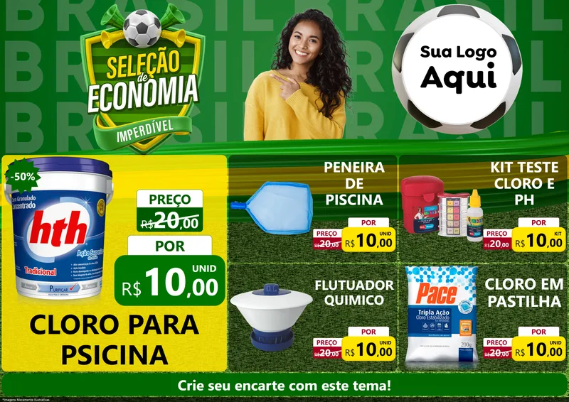 Modelo de Encarte para Encarte A4 Horizontal com o tema Seleção de Economia - Copa para Produtos para Piscina