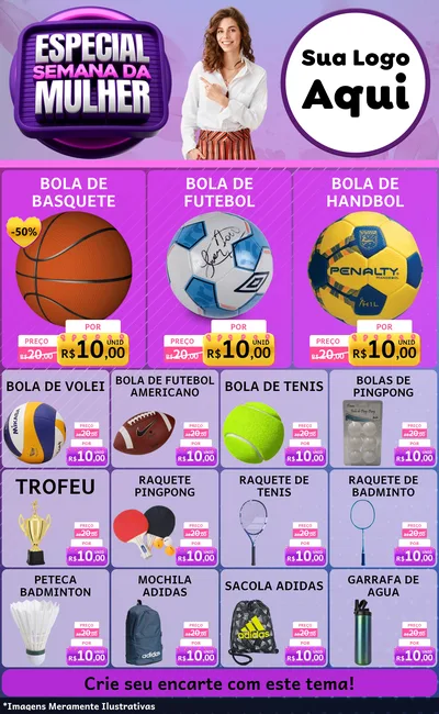 Modelo de Encarte para Encarte Grande com o tema Especial Semana da Mulher para Artigos Esportivos