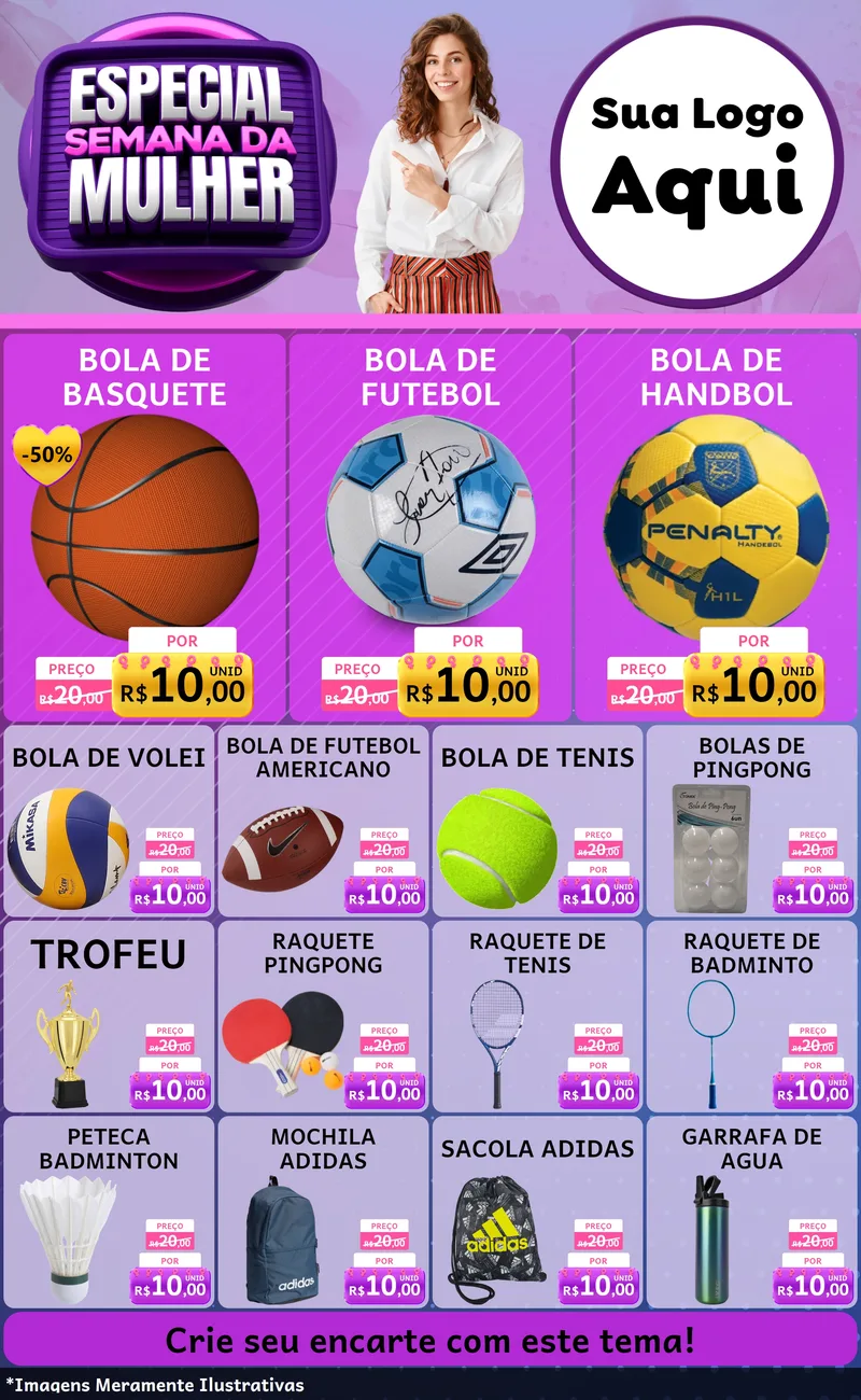Modelo de Encarte para Encarte Grande com o tema Especial Semana da Mulher para Artigos Esportivos