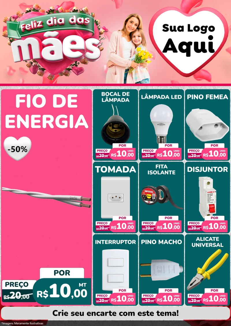 Modelo de Encarte para Encarte A4 Vertical com o tema Feliz Dia das Mães para Materiais Elétricos