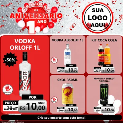 Modelo de Rede Social para Feed Facebook com o tema Promoção de Aniversário - 1 Ano para Distribuidora de bebidas