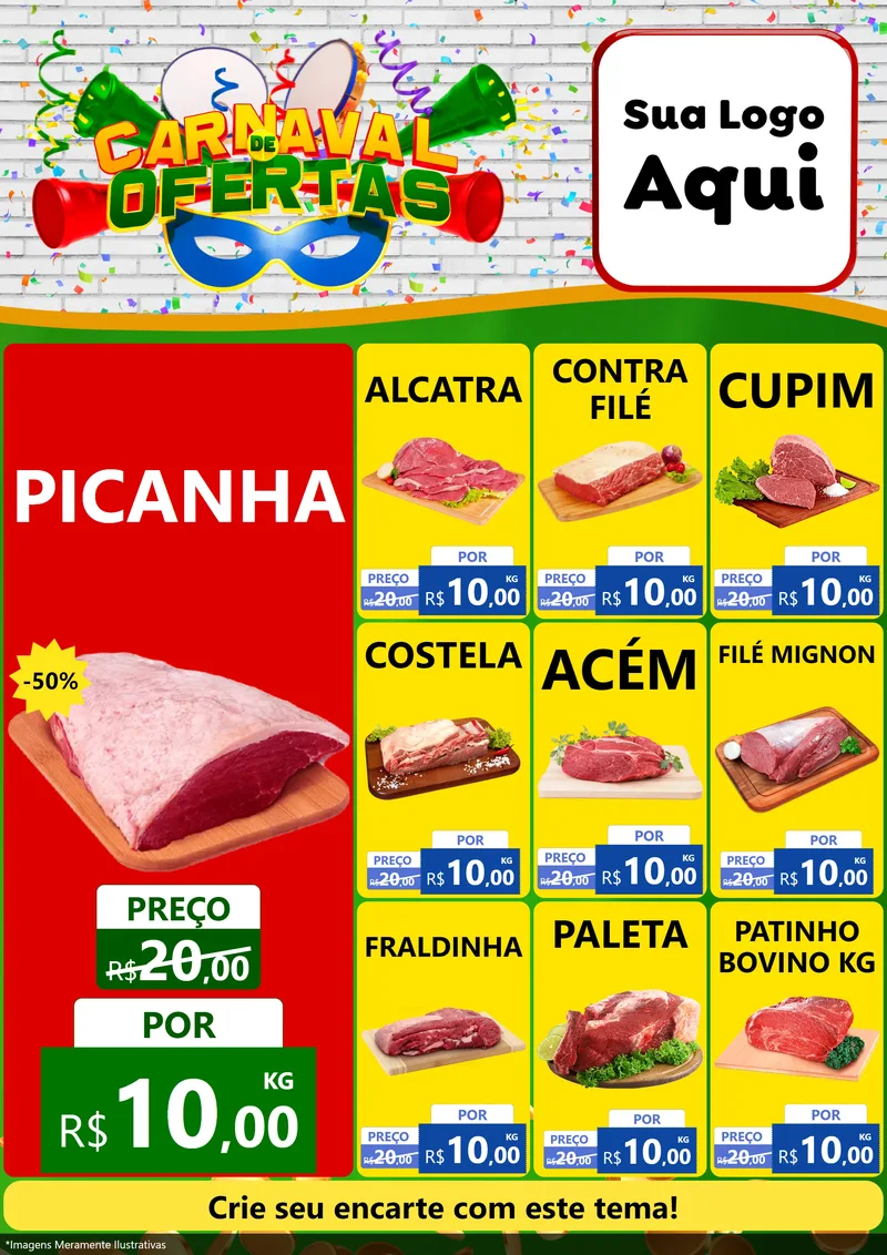 Modelo de Encarte para Encarte A4 Vertical com o tema Carnaval de Ofertas para Açougue