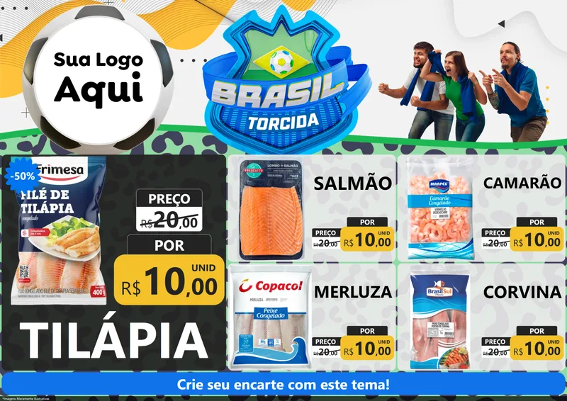 Modelo de Encarte para Encarte A4 Horizontal com o tema Brasil Torcida - Copa para Peixaria